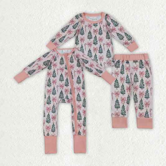 Sibling Kids Baby Girls Pink Christmas Trees Rompers Pajamas Sets
