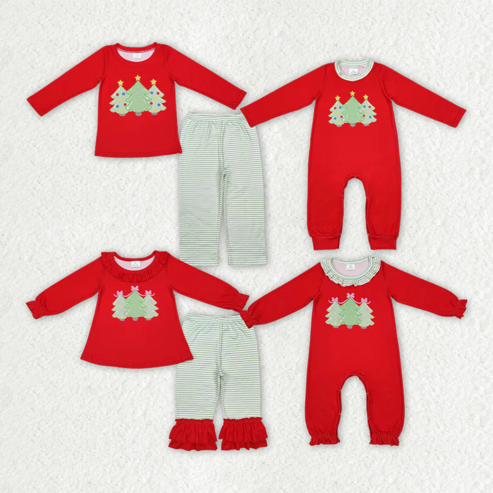 Sibling Baby Kids Boys Girls Red Christmas Tree Rompers Clothing Sets