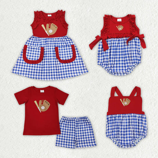 Sibling Girl Dress Baby Boy Red Baseball Rompers Sibling Clothes Sets