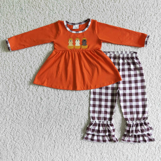 GLP0026 Girls Embroidered Pumpkin Puppy Orange Long Sleeve Plaid Trousers Suit