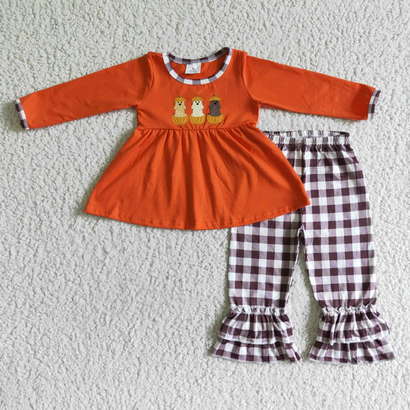 GLP0026  Girls Embroidered Pumpkin Puppy Orange Long Sleeve Plaid Trousers Suit