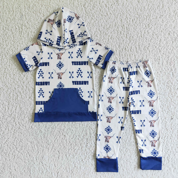 BSPO0006    Boys Bull Head Arrow Blue Pocket Hooded Short Sleeve Trousers Suit