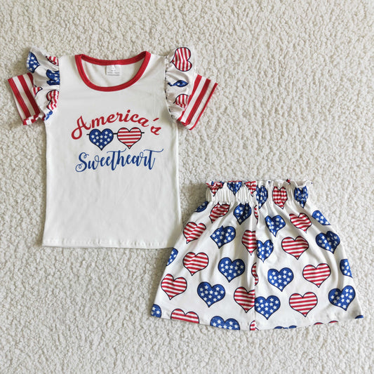 GSSO0051  independence Day  Letter print heart pattern short-sleeved top with short group