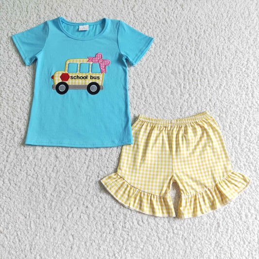 GSSO0093  School bus embroidered blue short-sleeved top with yellow plaid shorts
