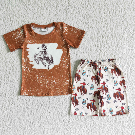BSSO0076 Western denim style brown short-sleeved top with printed white shorts set
