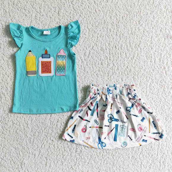 GSD0080    Girls Girls Embroidery Blue Pencil Scissors Fly Sleeve Skirt Set