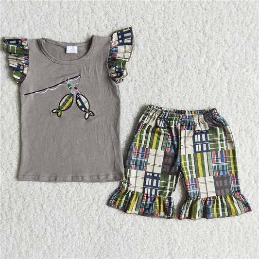 B3-15 Fishing Embroidered Grey Short Sleeve Top with Colorful Plaid Panel Shorts Set