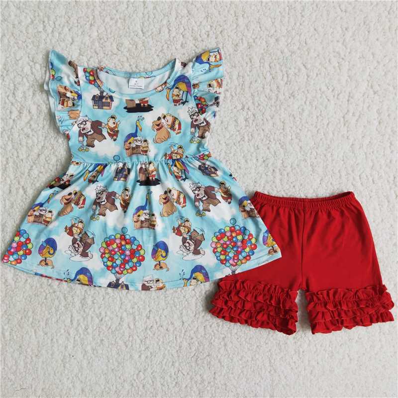 C1-1 Anime movie image print short-sleeved top with red shorts