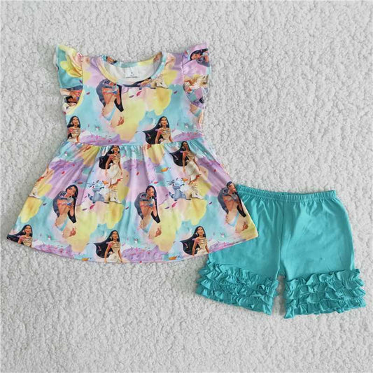 B4-2 New Anime Movie Print Little Girl Short Sleeve Top with Green Shorts