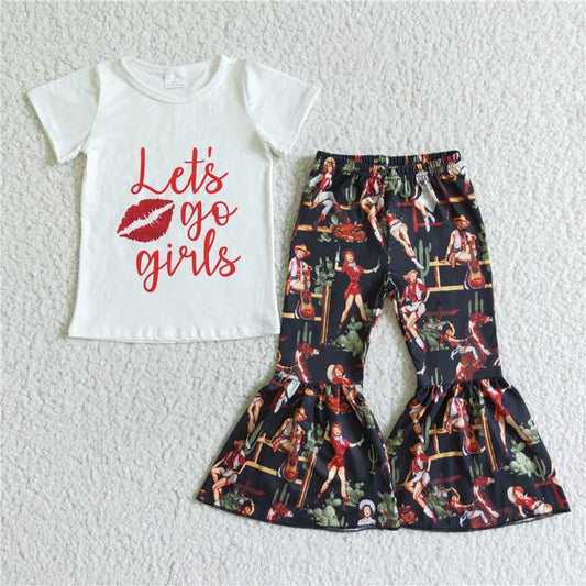 B7-15 Letter-print white short-sleeved top with girls' print flared pants