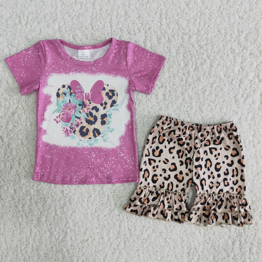 B7-24 New cartoon character print short-sleeved top with leopard-print shorts