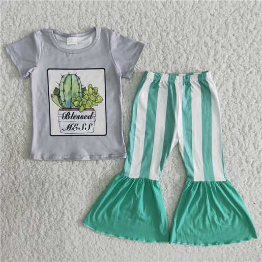 B6-22 Cactus print grey short-sleeved top with green and white stripes and green flared pants