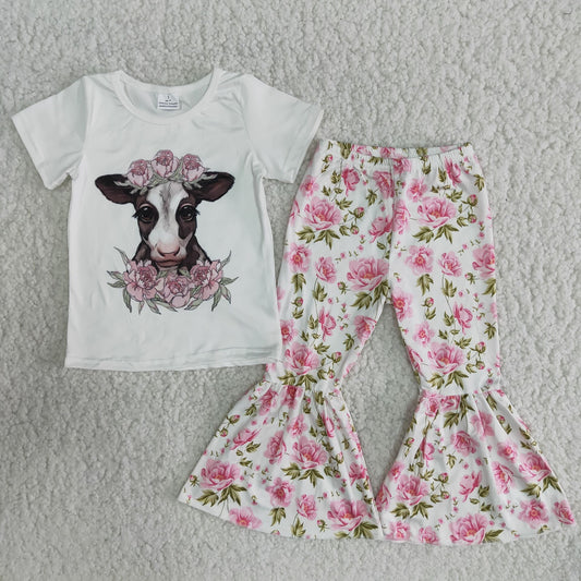 B7-11  Cow head pattern white short-sleeved top with pink printed flared trousers