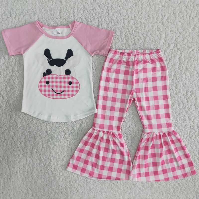 B9-11   Cartoon cow print short-sleeved top with pink and white patchwork plaid flared pants