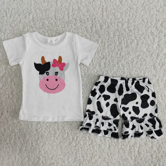 B5-23 White cartoon cow pattern print short-sleeved top with black and white cow spot shorts suit