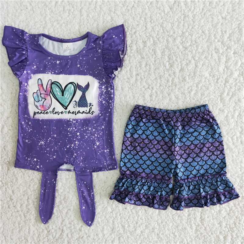 B6-11  Purple fishtail print short-sleeved top with purple fish scale shorts