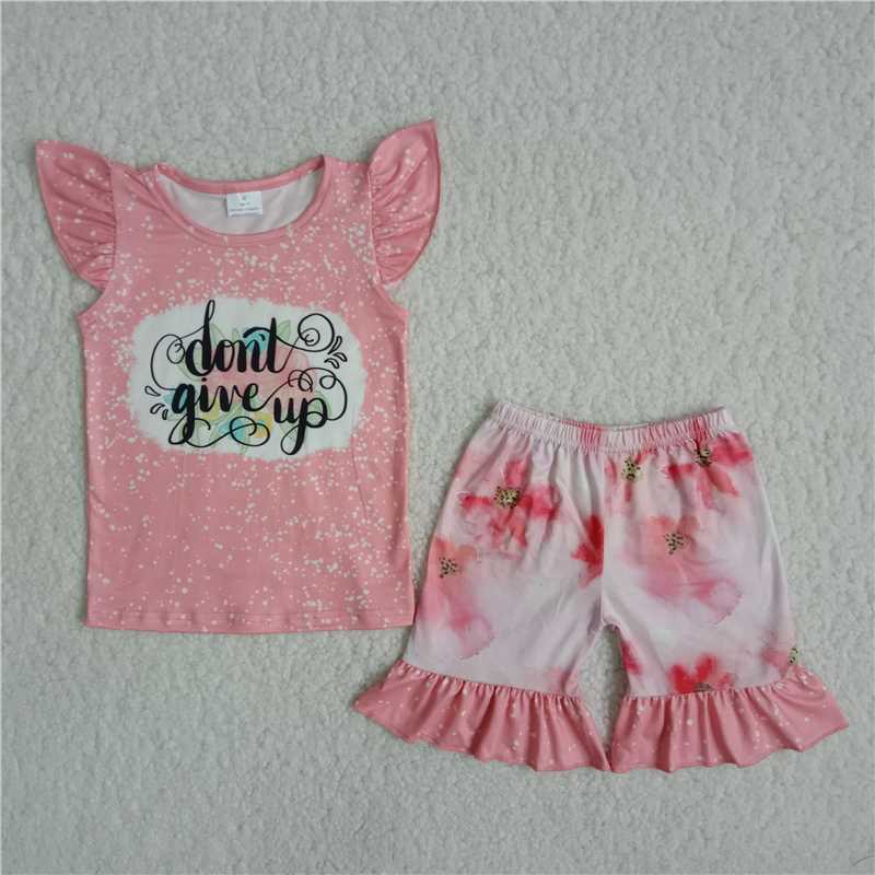 C0-3 Letter-print pink short-sleeved top with pink shorts suit