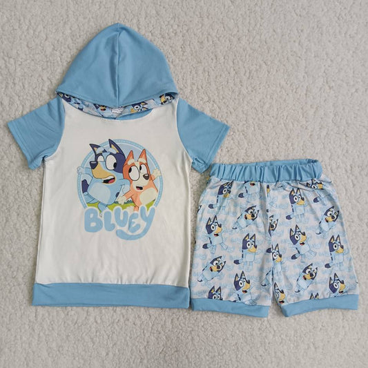 C1-2 Anime movie print blue and white stitching hooded short-sleeved top with printed shorts
