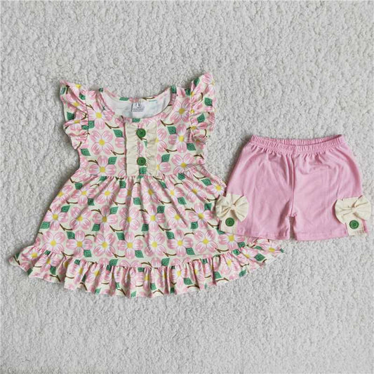 C16-19  	Floral Print Short Sleeve Top with Pink Bow Shorts