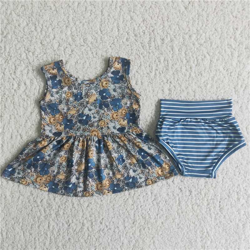 A8-11  Girls Sleeveless Yellow Floral Striped Thong Suit