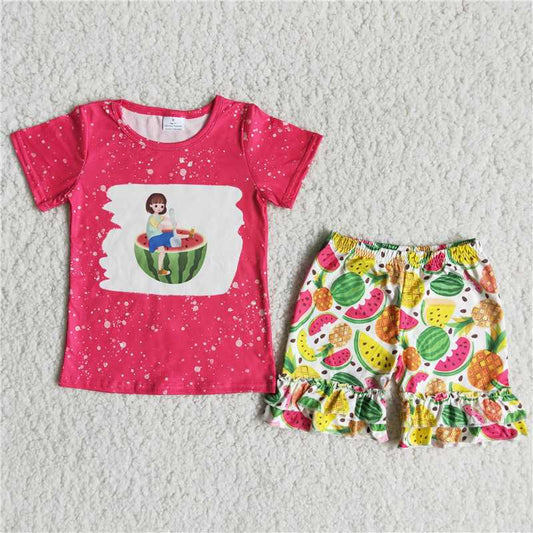 C0-2  Red Short Sleeve Top with Fruit Print Shorts