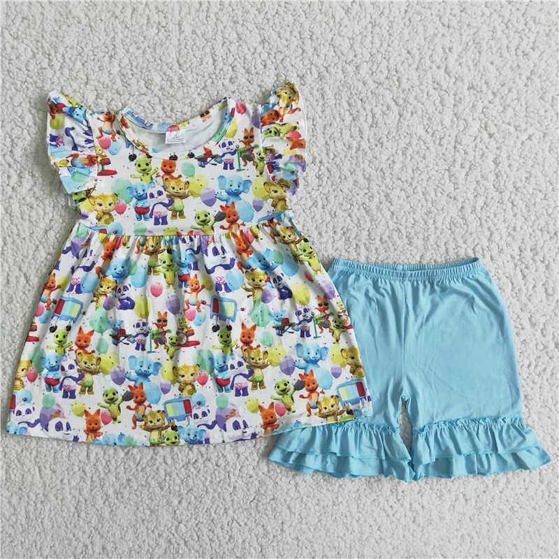 D7-27  Anime Movie Print Blue Short Sleeve Top with Blue Shorts