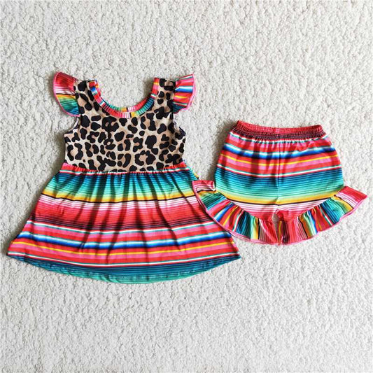 A1-3 Leopard print stitching colorful stripes short sleeves with shorts