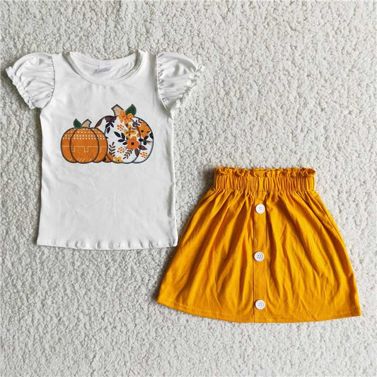 D2-15  White Pumpkin Print Short Sleeve Top with Yellow Skirt