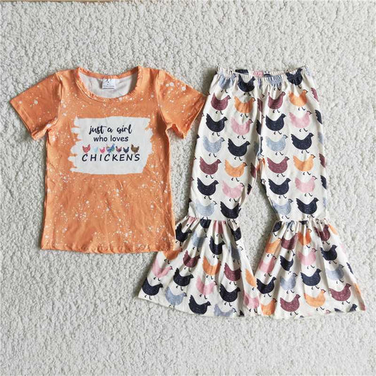 A2-9 Yellow short-sleeved top with chick-pattern flared pants