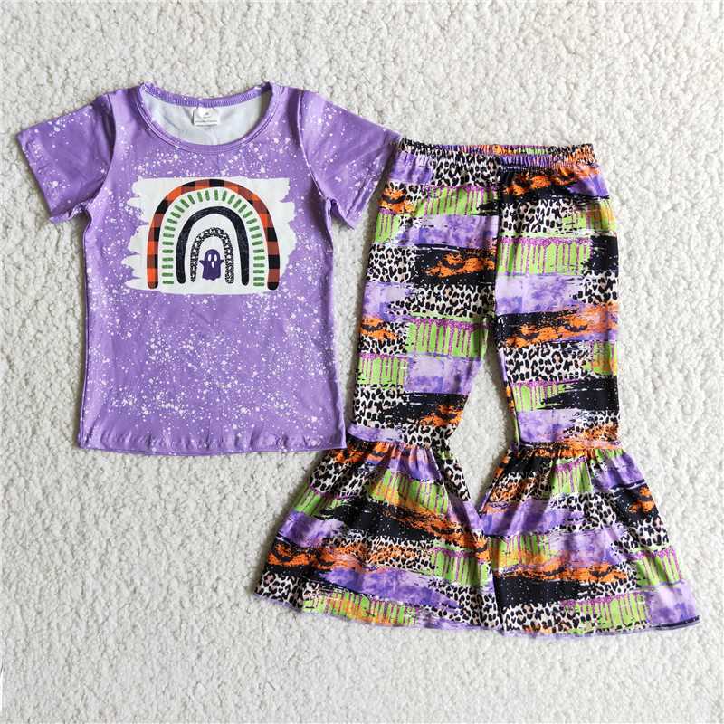 D2-14     Purple printed short-sleeved top with colorful panelled leopard-print flared pants