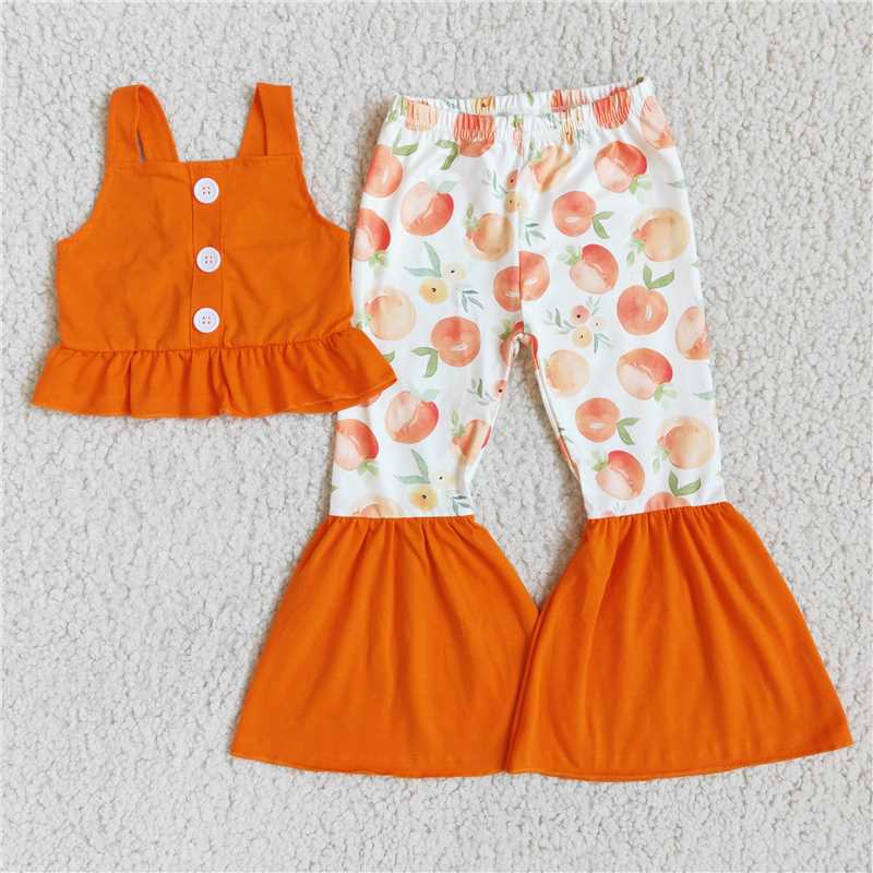 D8-18-1 Orange button-down suspender top with orange-print white-paneled orange flared trousers