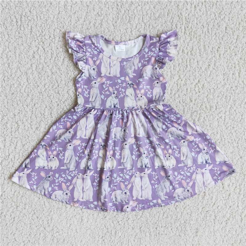 D4-18    Easter Bunny Print Purple Short Sleeve Dress