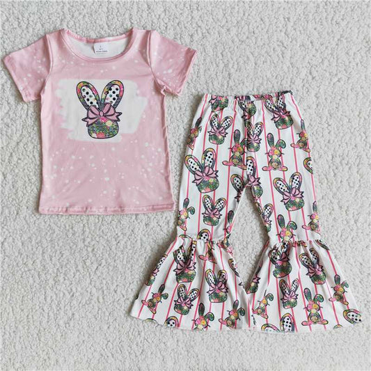 E10-16 easter costume  Rabbit-print pink short-sleeved top with bunny-print flared pants