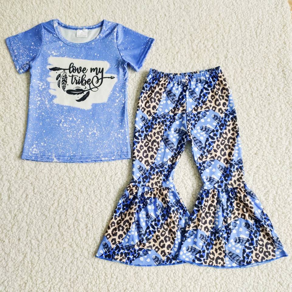 B8-25 Blue short-sleeved top with leopard-print blue flared pants