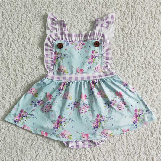 SR0027 Floral Print Panel Purple and White Check Panel Bodysuit