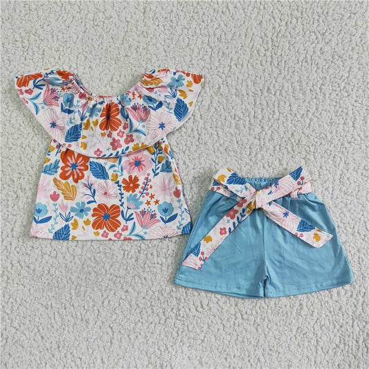 GSSO0099 Girls Floral One-line shoulder Bow Shorts suit Blue