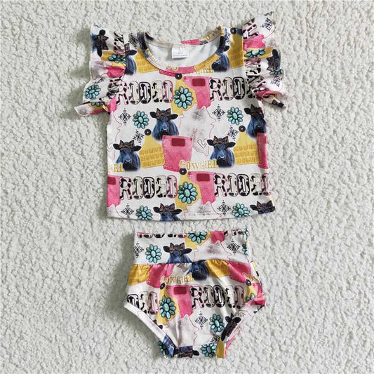 GBO0044 Girls Girls Cow Alphabet Jewel Lace Short Sleeve Briefs Suit