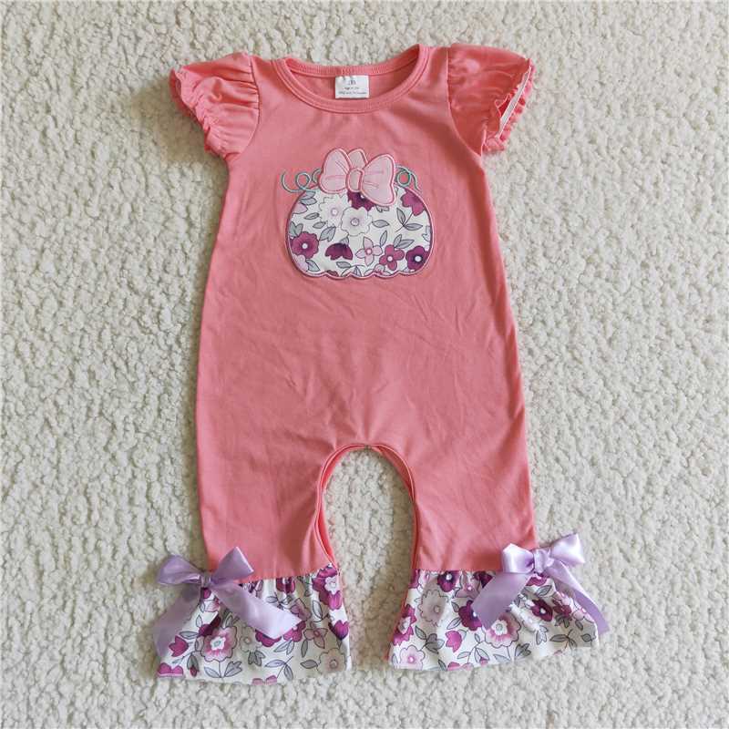 SR0097 Girls Embroidered Pumpkin Blossom Bow Short Sleeve Bodysuit