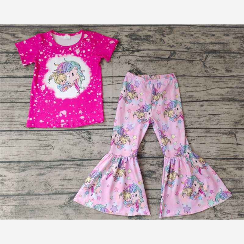 GSPO0465Girl Unicorn Little Girl Rose Short Sleeve Pants suit