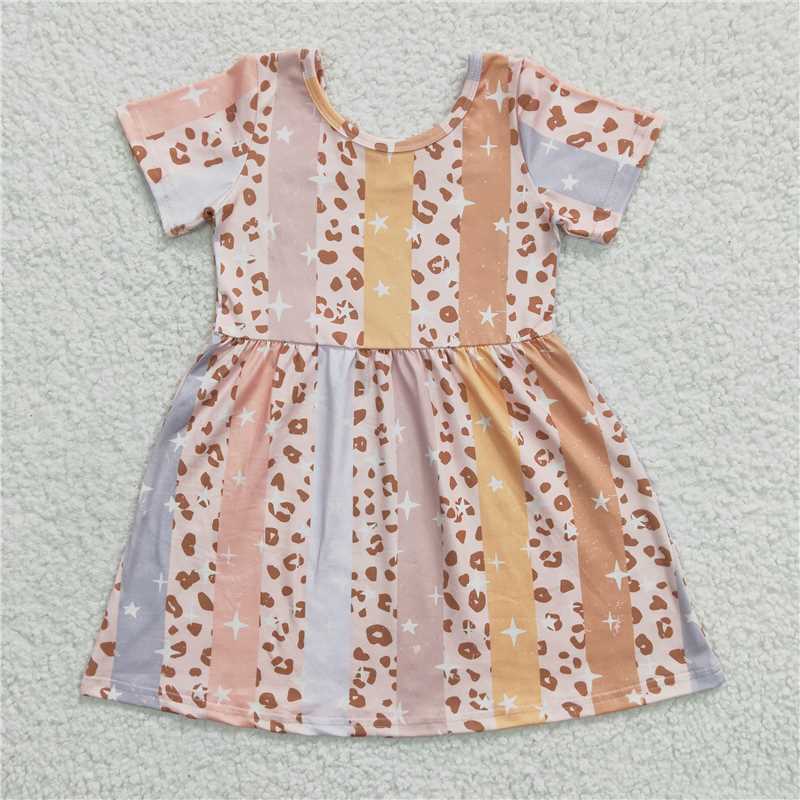 GSD0266Girl's striped star leopard print short-sleeved dress