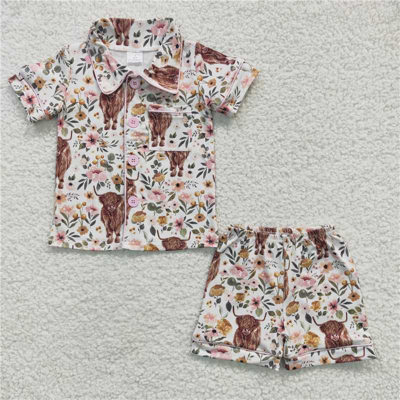 GSSO0176Girls Alpine Cow Flower Pocket Short Sleeve Shorts suit pink