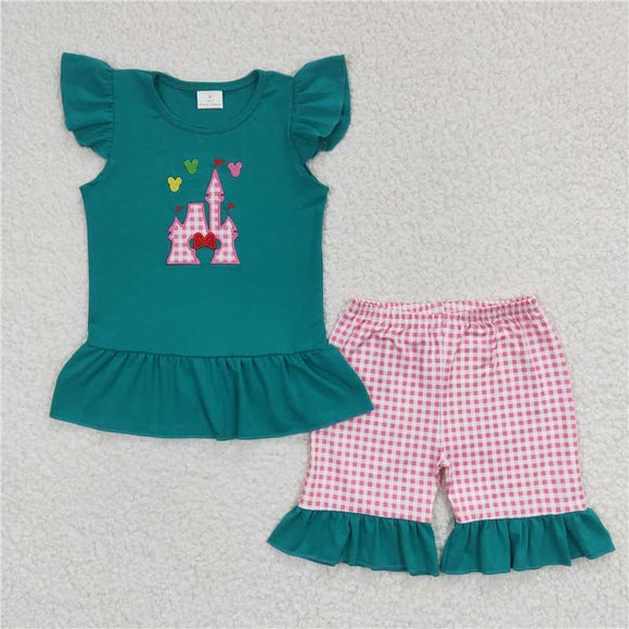 GSSO0151Summer new girl embroidery cartoon green flying sleeve red shorts cute two-piece set wholesale price