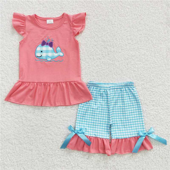 GSSO0150Summer new girl embroidery small whale red flying sleeve blue shorts fashion cute suit wholesale price