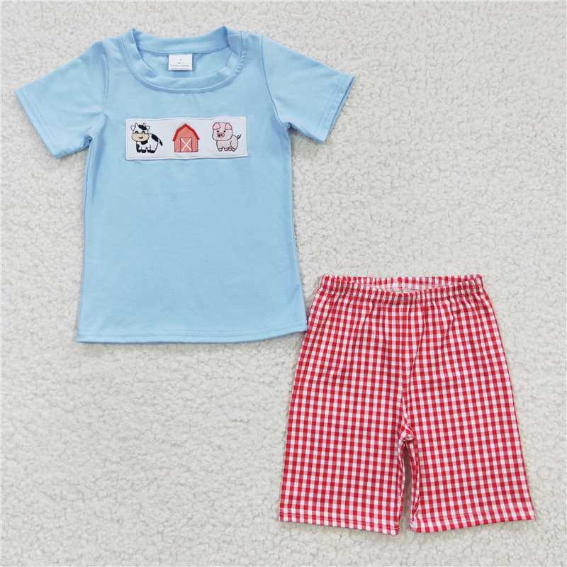 BSSO01812023 Summer new boys embroidery farm cow pig blue short sleeve shorts fashion cute set wholesale price