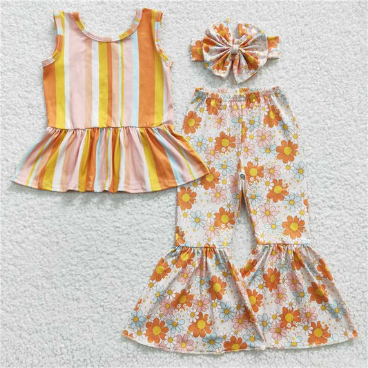 GSPO05092023 summer new girls colorful striped round neck sleeveless orange flower trousers fashion cute set wholesale price