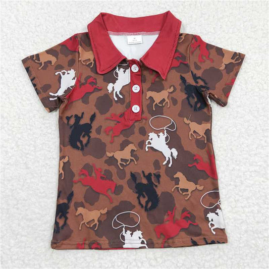 BT0162Boys riding brown button short sleeve top