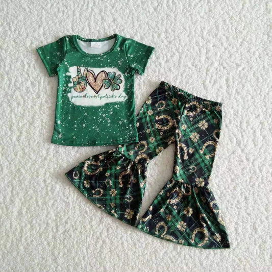 B17-11 Green monogram print short-sleeved top with printed flared trousers
