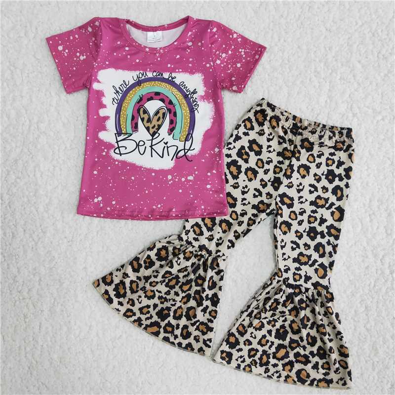 B15-23  be kind  be kind letter print rose red top with leopard print flared pants