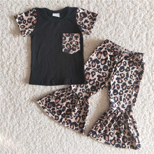 B15-14 Leopard Pocket Black Short Sleeve Top with Leopard Flare Pants