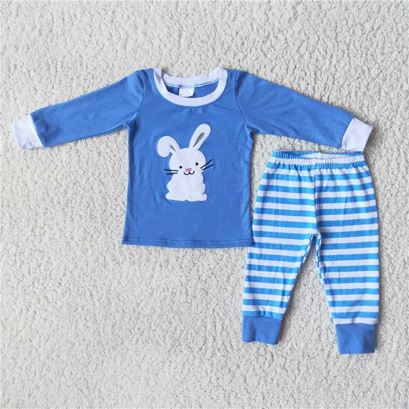 6 B13-27    Easter Bunny Print Long Sleeve Top with Striped Panel Pants Set Pajamas